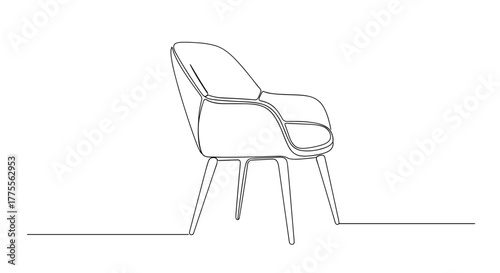Modern upholstered chair in minimalist line art on white background