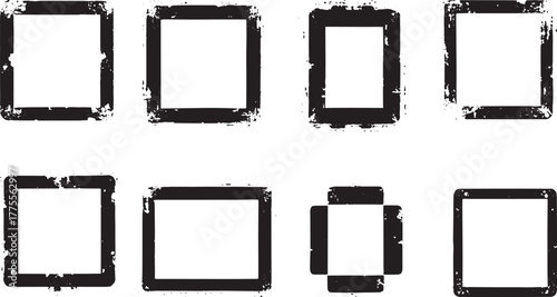 Grunge square frames set, distressed rough edges, worn textured borders, black vector illustration