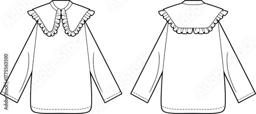 Ruffle collar blouse flat sketch, long sleeve women top design, elegant fashion apparel template, vector technical drawing, vintage clothing illustration