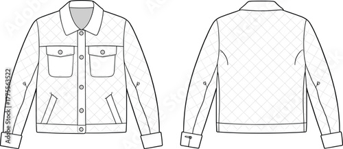 Quilted denim jacket flat sketch, front and back technical drawing, fashionable outerwear design template, stylish casual clothing sewing pattern illustration