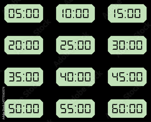 Collection of digital timer displays showing countdowns from 5 to 60 minutes. LCD style clock numbers ideal for workout, fitness, schedule, countdown, time management, or digital design projects.