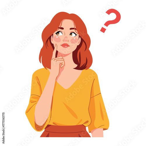 Young woman with red hair thinking with a question mark above her head