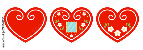 Licitar, traditional heart shaped Croatian gingerbread cookie. Three decorated red hearts set. Simple cartoon vector clipart illustration.