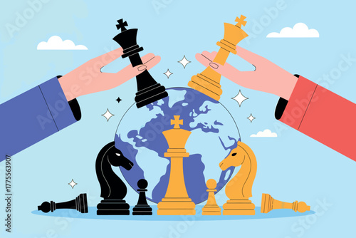 Global chess strategy battle conceptual art of strategy and competition represented by chess pieces and a stylized world globe
