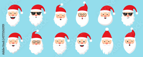 Set of Santa Claus face. Santa faces set. Christmas claus character set. Cute funny santa claus. Saint nick head for Christmas cards, banners, labels. Cute noel icon. collection of santa head.