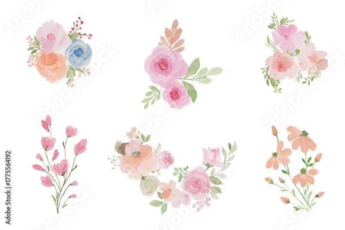 Set of roses and flowers watercolor illustration. hand drawn, flower clipart, for bouquets, wreaths, arrangements, wedding invitations, anniversary, birthday, postcards, greetings, card
