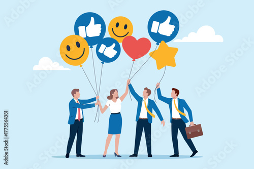 Happy business team celebrating success with social media icons and balloons uplifting spirits sky high