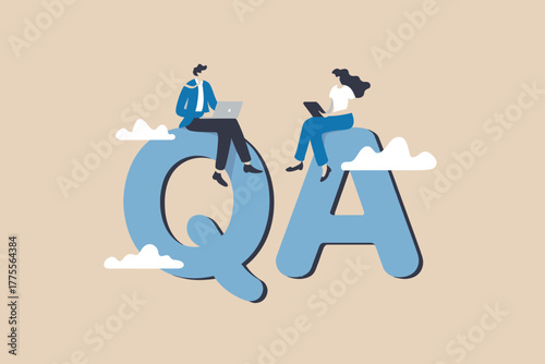 Modern business concept qa people sitting on large text bubble for question and answer sessions and collaboration