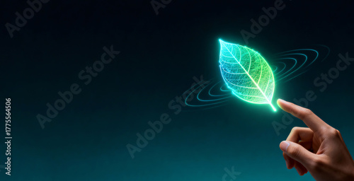 Close-up of a hand touching a holographic glowing leaf (neon green) with circular ripples, symbolizing eco-friendly technologies.