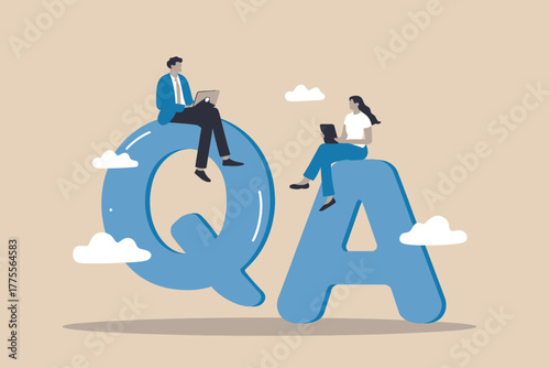 Creative qa concept with people interacting on large q and a letters suggesting question and answer collaboration and learning.