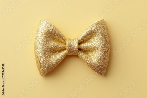 Shiny Golden Bow Tie on Soft Yellow Background Perfect for Celebrations and Stylish Occasions