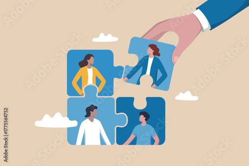 Team building strategy assembling diverse professionals completing a puzzle showing collaboration success and unity in business operations