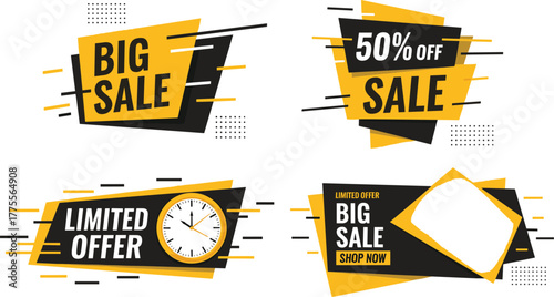 Collection of modern promotional sale banners and tags, featuring dynamic yellow and black geometric shapes for retail advertising and special offers