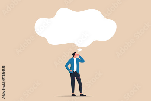 Business professional in thought with a blank thought bubble overhead representing ideas and innovation in a conceptual business context.