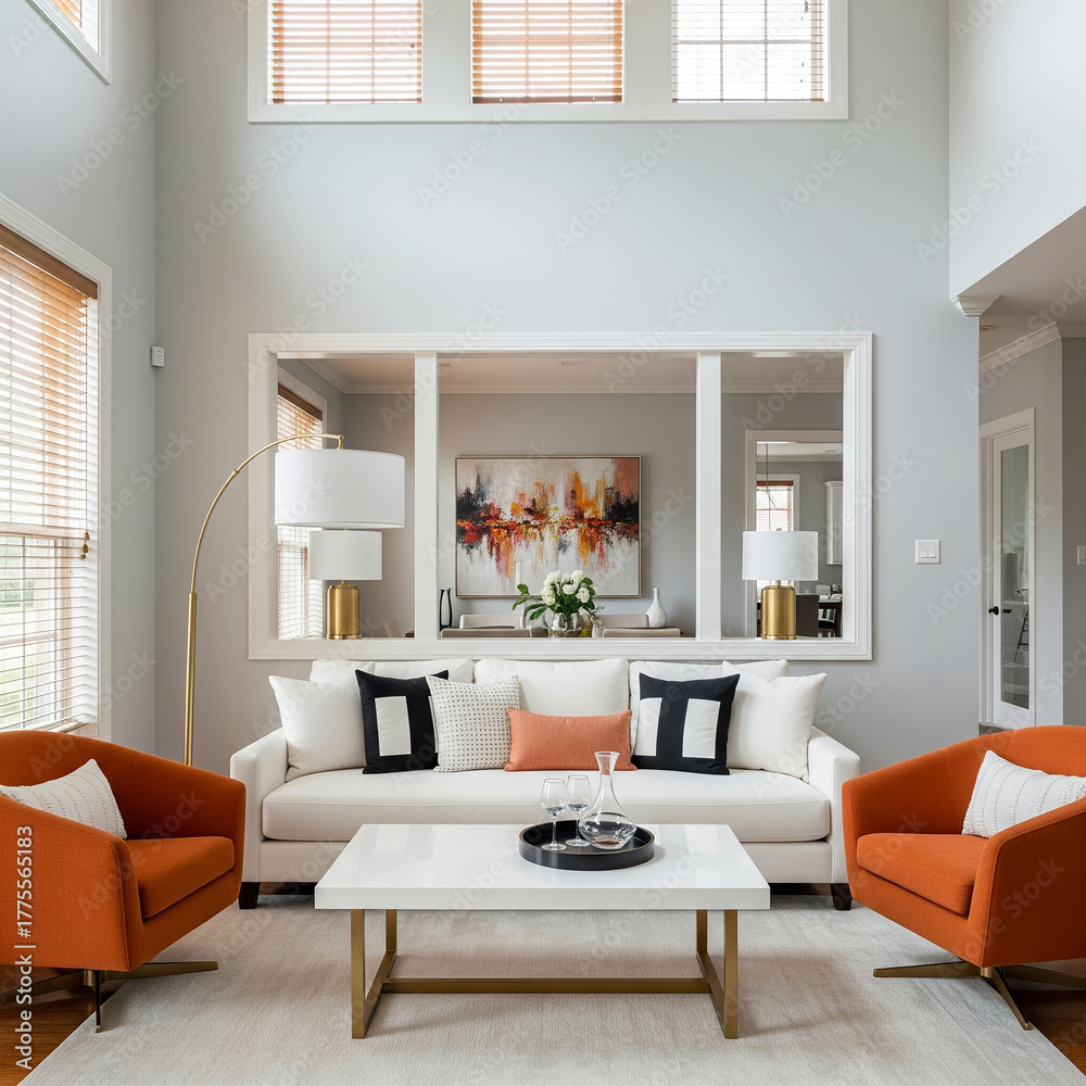 Fototapeta premium Elegant living room decor white sofa orange chairs coffee table