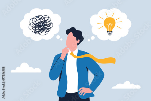 Business professional contemplating complex problems versus achieving innovative solutions with bright ideas in thought bubbles