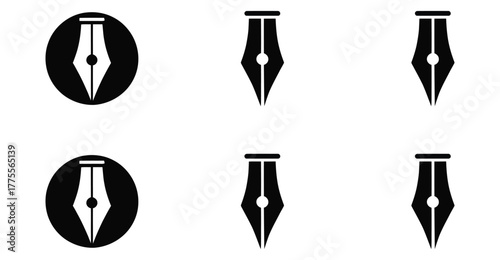 Fountain pen nib icon set – solid and outline black symbols for writing, editing, publishing, creativity, and graphic design elements 