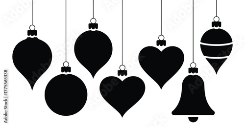 Christmas ornament silhouette set – black hanging decorations in varied shapes for festive holiday design, celebration, and seasonal use 