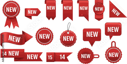 Collection of red 'New' banners, labels, and tags for product promotion and sale announcements
