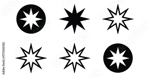 Eight-point starburst icon set – solid, outlined, and hybrid black symbols for emphasis, energy, decoration, and graphic design elements 