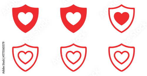  Heart in shield icon set – solid and outline red symbols representing protection, care, health, safety, and emotional well-being designs
