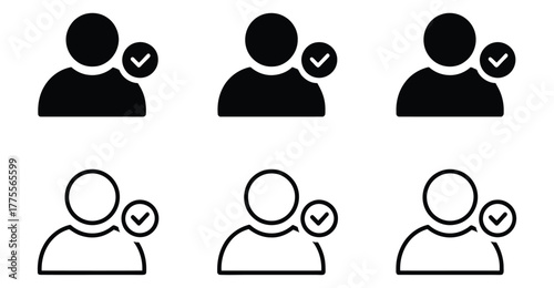 Verified user icon set – solid and outline profile symbols with checkmark for approval, authentication, and interface design elements 