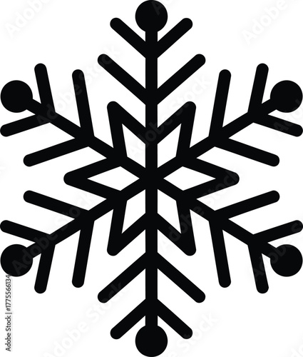 Simple black snowflake icon with six points and dots on branches, vector graphic