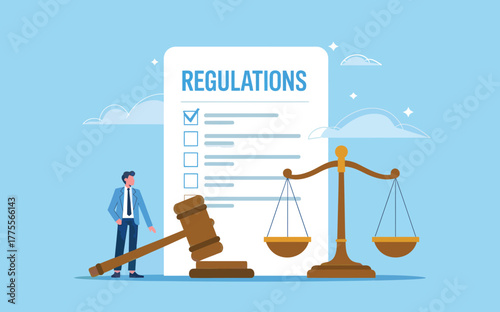 Legal justice and law concept with gavel scales and regulations document representing fair judgment and order