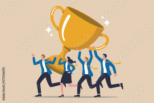Team celebrates victory carrying golden trophy high in the air with joyful expressions achieving success and winning business award