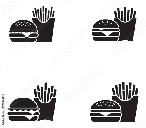 Classic burger and fries meal combo silhouette graphic set