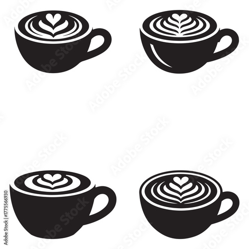 Latte art coffee cup icon set silhouette collection