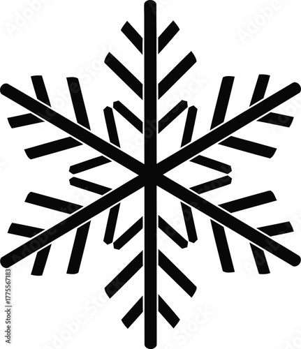 Geometric snowflake illustration with six-fold symmetry and sharp points, graphic art