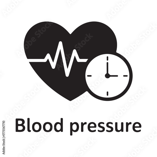 Black heart with electrocardiogram and clock icon and text 1