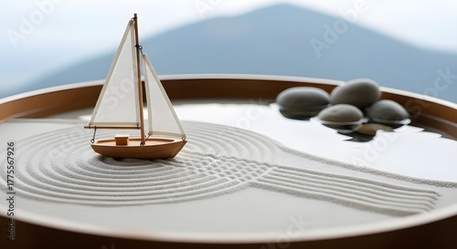 Miniature Sailboat on Zen Garden – Tranquil Wooden Bowl with Raked Sand