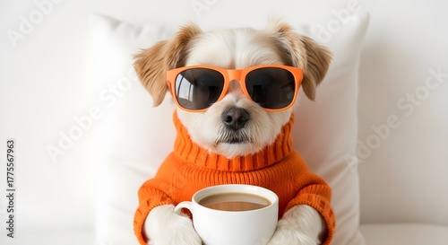 Cozy Dog in Orange Sunglasses & Sweater with Coffee – Photorealistic Cute Scene