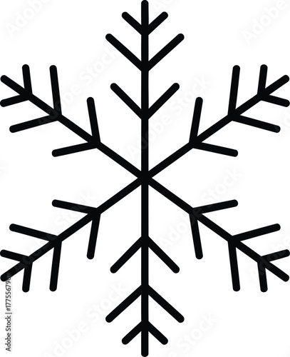 Simple black snowflake outline vector graphic icon, a symbol of winter season.