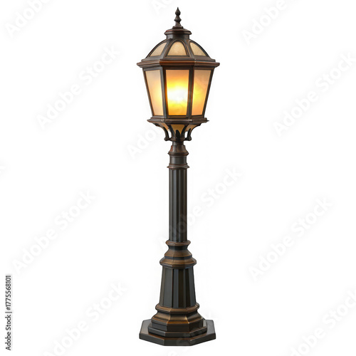 Vintage street lamp isolated on transparent background, providing light at night