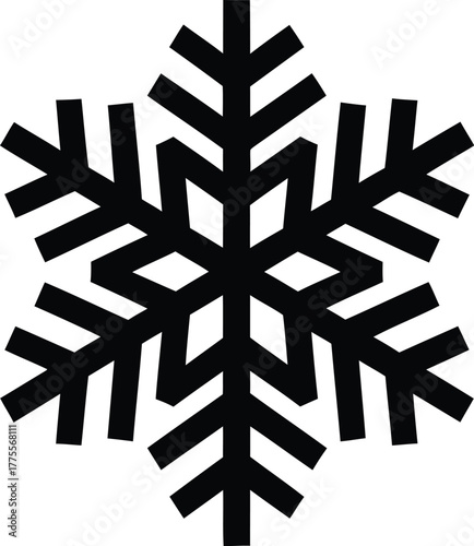 Black simple snowflake icon vector, geometric winter symbol representing cold and frost