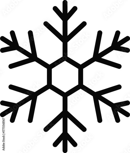 Simple black snowflake icon graphic symbol representing cold weather, winter, and frost in vector format.
