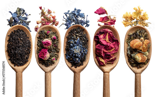 Dried tea and flower blends in wooden spoons