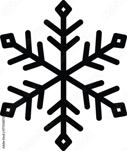 Simple vector illustration of a six-pointed snowflake with clean lines, suitable for winter themes