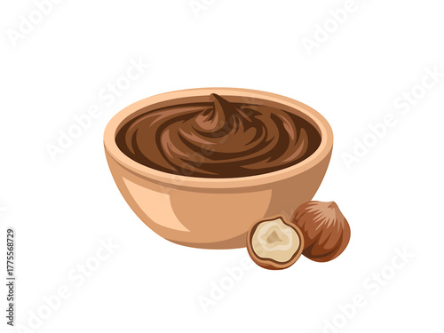 Delicious chocolate hazelnut spread in a bowl with fresh hazelnuts on a clean white background ideal for food blog
