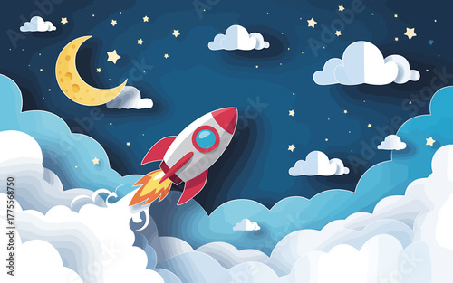Cartoon rocket launch into the night sky with moon stars and fluffy clouds vector illustration for childrens books and space themed designs