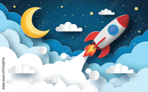Rocket Ship Launching to the Stars Through Cloudy Skies Achieving Dreams and Reaching New Heights in Space