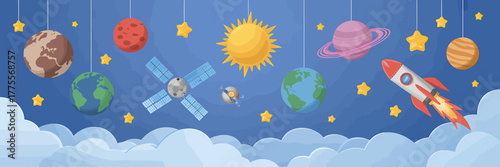 Colorful Cartoon Space Scene with Planets Satellites Rocket and Stars for Childrens Room Decor