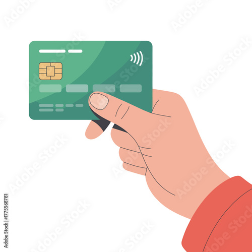 Hand holding a green credit card with contactless payment technology for online shopping and financial transactions