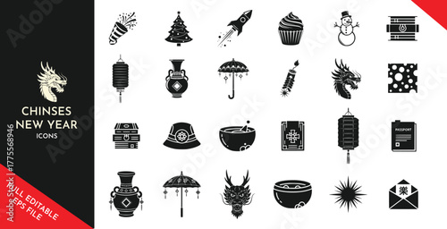 Festive Chinese New Year Illustration icons Traditional Lanterns, Blooming Cherry Blossoms, and Golden Ornaments for Lunar Celebrations High Quality Stock Content for Commercial Use