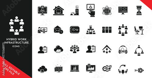 Seamless Hybrid Work Infrastructure icons Vector Illustration of Cloud Computing, Network Security, and Global Connectivity for Remote Collaboration  High Quality Stock Content