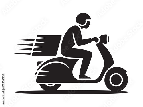 Black silhouette of person riding scooter with delivery box