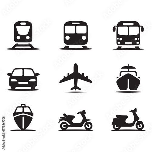 Black silhouette icons of nine different modes of transport